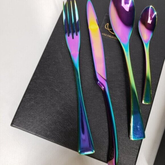 Iridescent Cutlery Four Piece Set in Box New Stainless Steel Rainbow - Picture 7 of 13